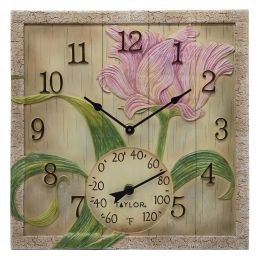 Taylor Precision Products 92691T 14-Inch x 14-Inch Beachwood Flower Clock with Thermometer