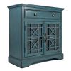 Craftsman Series 32 Inch Wooden Accent Cabinet with Fretwork Glass Front, Blue
