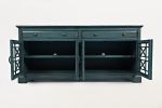 Craftsmen Series 70 Inch Wooden Media Unit with Fretwork Glass Front, Antique Blue