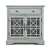 Craftsman Series 32 Inch Wooden Accent Cabinet with Fretwork Glass Front, Earl Gray
