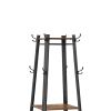 Metal Framed Ladder Style Coat Rack with Three Wooden Shelves, Brown and Black