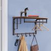 Wood and Metal Frame Coat Rack with 5 Removable Hooks, Brown and Black