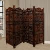 Hand Carved Sun And Moon Design Fold able 4-Panel Wooden Room Divider, Brown