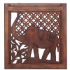 Hand Carved Elephant Design Fold able 4-Panel Wooden Room Divider, Brown