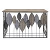 Wooden Top Console Table with Metal Leaf Embellishment, Brown and Gray