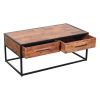 2 Drawer Industrial Metal Coffee Table with Wooden Tile Top, Brown and Black