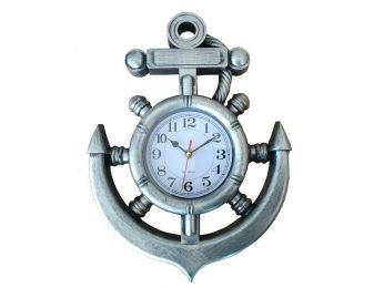 Silver Ship Wheel and Anchor Wall Clock 15&quot;