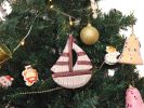 Wooden Rustic Decorative Red and White Sailboat Christmas Tree Ornament