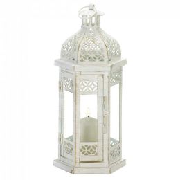 Distressed White Metal Lantern with Floral Cutouts - 12 inches