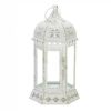 Distressed White Metal Lantern with Floral Cutouts - 10.5 inches