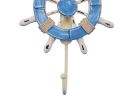Rustic Light Blue and White Decorative Ship Wheel With Hook 8&quot;