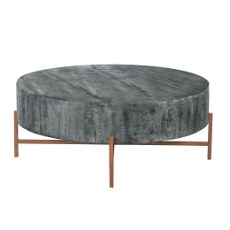 40 Inch Round Wooden Coffee Table with Cross Metal Base Support, Gray and Brown