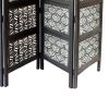 Four Panel Mango Wood Room Divider with Traditional Carvings, Black and White