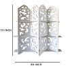 Hand Carved Four Panel Wooden Room Divider with Shelving Unit, White