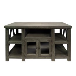 52 Inch Handmade Wooden TV Stand with 2 Glass Door Cabinet, Distressed Gray