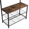 Wood and Metal Frame Hall Tree with Slatted Shelves, Rustic Brown and Black