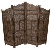 Hand Carved Foldable 4 Panel Wooden Partition Screen/RoomDivider, Brown