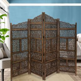 Hand Carved Foldable 4 Panel Wooden Partition Screen/RoomDivider, Brown
