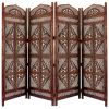 Traditional Four Panel Wooden Room Divider with Hand Carved Details, Antique Brown