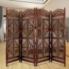 Traditional Four Panel Wooden Room Divider with Hand Carved Details, Antique Brown