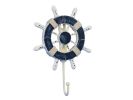Rustic Dark Blue and White Decorative Ship Wheel with Hook 8&quot;