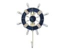 Rustic Dark Blue and White Decorative Ship Wheel with Hook 8&quot;