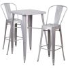 Commercial Grade 23.75" Square Metal Indoor-Outdoor Bar Table Set with 2 Stools with Backs