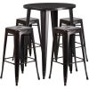 Commercial Grade 30" Round Metal Indoor-Outdoor Bar Table Set with 4 Square Seat Backless Stools