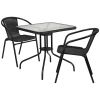28'' Square Glass Metal Table with Rattan Edging and 2 Rattan Stack Chairs