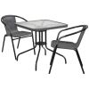 28'' Square Glass Metal Table with Rattan Edging and 2 Rattan Stack Chairs