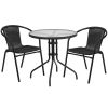 28'' Round Glass Metal Table with Rattan Edging and 2 Rattan Stack Chairs