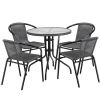 28'' Round Glass Metal Table with Rattan Edging and 4 Rattan Stack Chairs