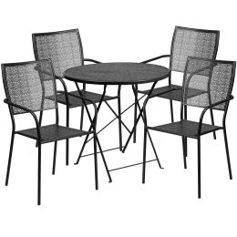 Commercial Grade 30" Round Indoor-Outdoor Steel Folding Patio Table Set with 4 Square Back Chairs (Color: Black)