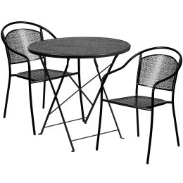Commercial Grade 30" Round Indoor-Outdoor Steel Folding Patio Table Set with 2 Round Back Chairs (Color: Black)