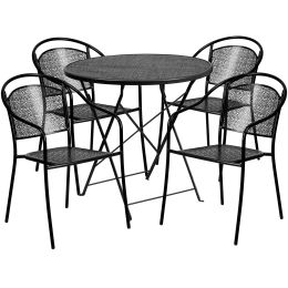 Commercial Grade 30" Round Indoor-Outdoor Steel Folding Patio Table Set with 4 Round Back Chairs (Color: Black)