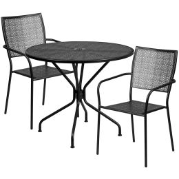 Commercial Grade 35.25" Round Indoor-Outdoor Steel Patio Table Set with 2 Square Back Chairs (Color: Black)