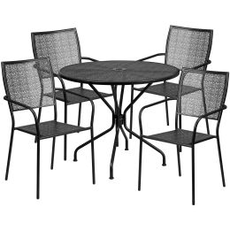 Commercial Grade 35.25" Round Indoor-Outdoor Steel Patio Table Set with 4 Square Back Chairs (Color: Black)