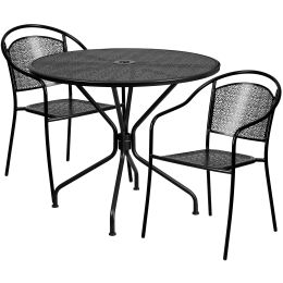 Commercial Grade 35.25" Round Indoor-Outdoor Steel Patio Table Set with 2 Round Back Chairs (Color: Black)