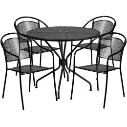 Commercial Grade 35.25" Round Indoor-Outdoor Steel Patio Table Set with 4 Round Back Chairs (Color: Black)