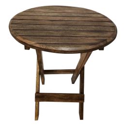Farmhouse Wooden Round Folding Chair Side End Table with Planked Top, Rustic Brown (Color: )